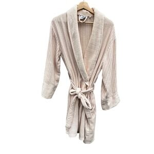 Pamuktan Women Cream Beige 100% Turkish Cotton Ribbed Shawl Collar Bath Robe S
